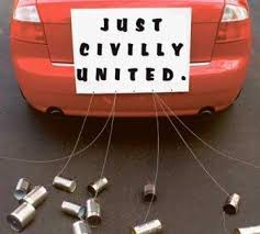Blog Just Civilly United Board Tied with Tin Cans Behind Red Car